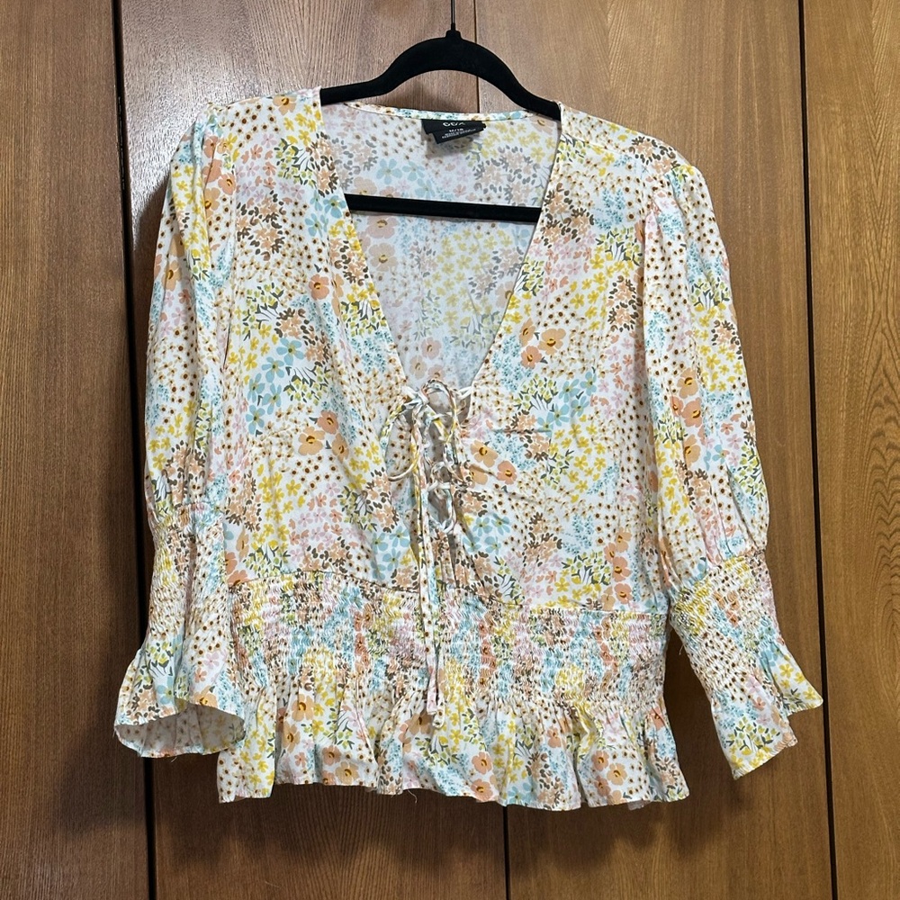 City Chic Pastel Floral Lace-Up Peasant Blouse in Yellow, Blue, Peach